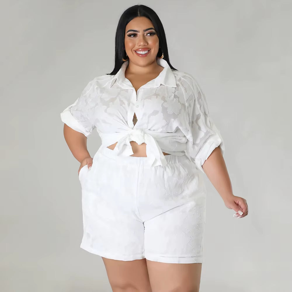 Plus Size Chiffon Matching Set Women Chubby Crop Top Female Short Pant Luxury Elegant Outfit 2024 Spring Two Piece Pant Set