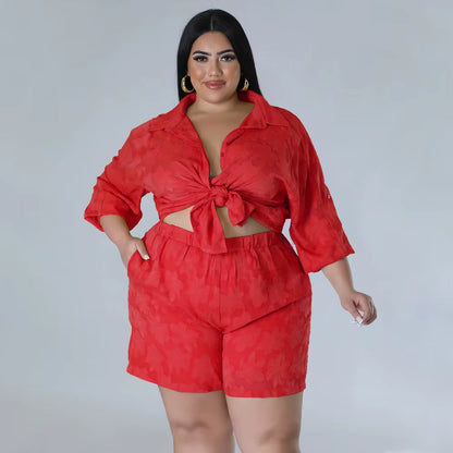 Plus Size Chiffon Matching Set Women Chubby Crop Top Female Short Pant Luxury Elegant Outfit 2024 Spring Two Piece Pant Set