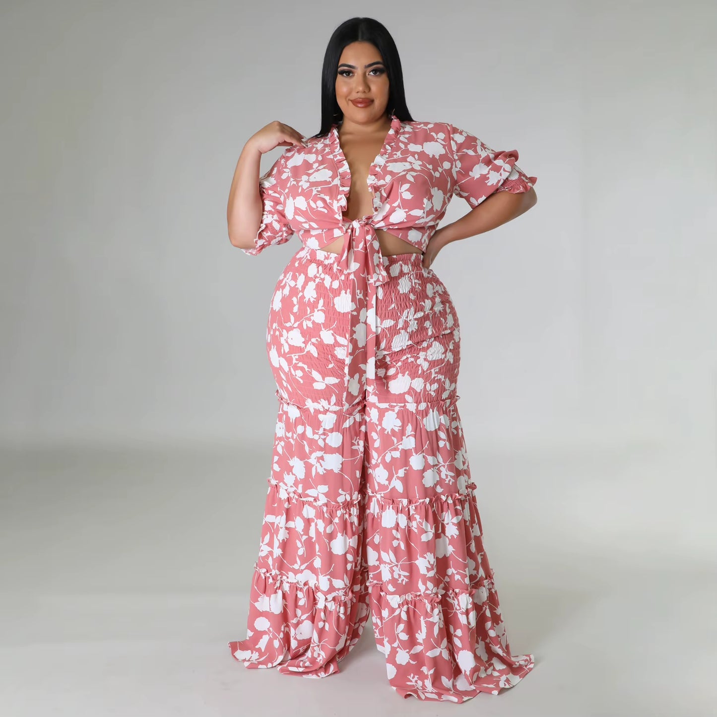 Perl plus Size Printed Two Piece Set Women Outfit Casual Bandage Top+Loose Wide Leg Pants Suit Matching Set 2023