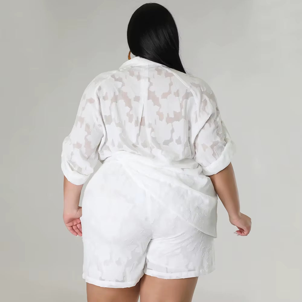 Plus Size Chiffon Matching Set Women Chubby Crop Top Female Short Pant Luxury Elegant Outfit 2024 Spring Two Piece Pant Set