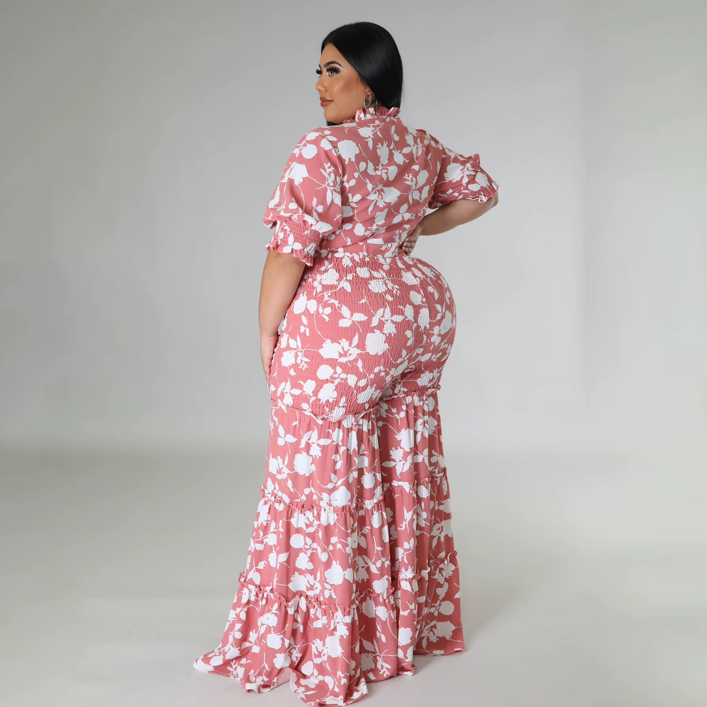 Perl plus Size Printed Two Piece Set Women Outfit Casual Bandage Top+Loose Wide Leg Pants Suit Matching Set 2023