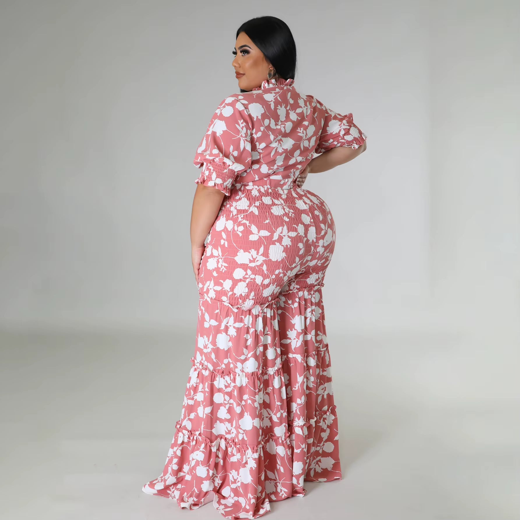 Perl plus Size Printed Two Piece Set Women Outfit Casual Bandage Top+Loose Wide Leg Pants Suit Matching Set 2023