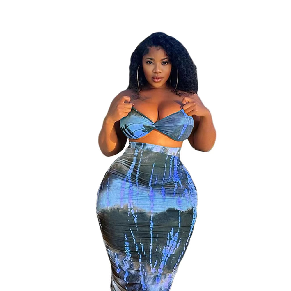 Plus Size Tie Dye Women'S Tracksuit Maxi Midi Skirts Set with Crop Tops Matching Two Piece Set Swimsuit Outfits