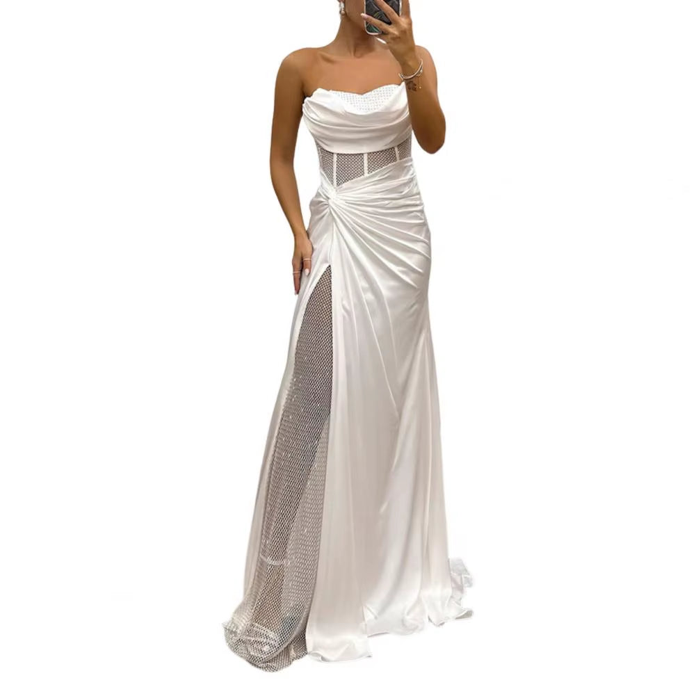 Lady Evening Dress Bandeau off Shoulder Sleeveless Pleated Knot Mesh Patchwork Shiny Sequin Ball Gown Satin Floor Length Banquet