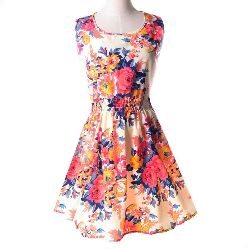 Women Summer Mini Dress 2024 Female Boho Chiffon Clothes Sexy Florals Print Dress Pleated Party Clubwear Beach Dress Vestidos