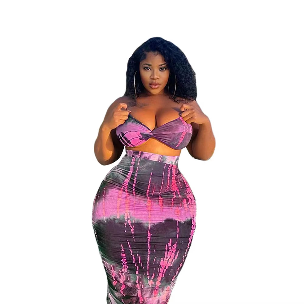 Plus Size Tie Dye Women'S Tracksuit Maxi Midi Skirts Set with Crop Tops Matching Two Piece Set Swimsuit Outfits