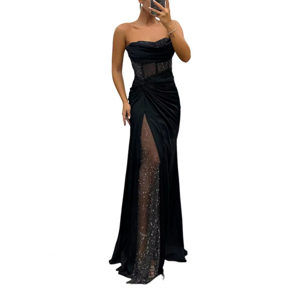 Lady Evening Dress Bandeau off Shoulder Sleeveless Pleated Knot Mesh Patchwork Shiny Sequin Ball Gown Satin Floor Length Banquet