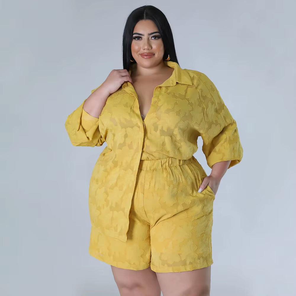 Plus Size Chiffon Matching Set Women Chubby Crop Top Female Short Pant Luxury Elegant Outfit 2024 Spring Two Piece Pant Set