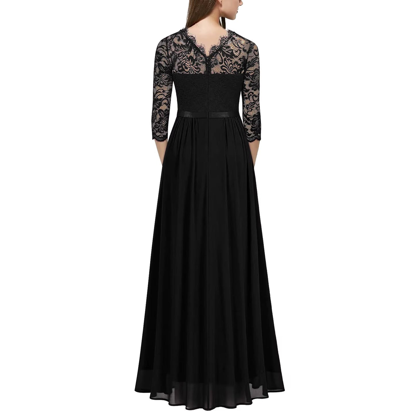 Women'S Sexy Evening Party Dresses ﻿V Neck Lace Chiffon Strap Vintage Solid Lace Sleeve Princess Court Fashion Elegant Clothing