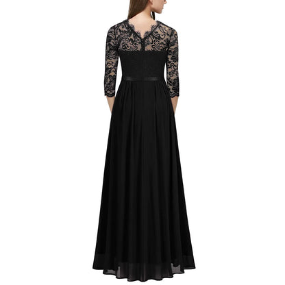 Women'S Sexy Evening Party Dresses ﻿V Neck Lace Chiffon Strap Vintage Solid Lace Sleeve Princess Court Fashion Elegant Clothing