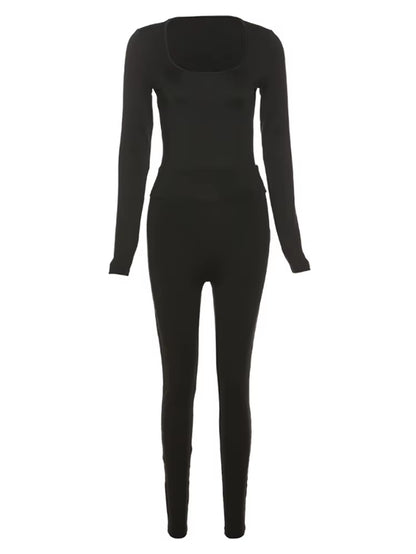 Solid Concise Two Piece Set Women Skinny Bodycon-Shaping Crew Neck Bodysuit+High Waist Slim Pants Suit