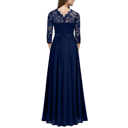 Women'S Sexy Evening Party Dresses ﻿V Neck Lace Chiffon Strap Vintage Solid Lace Sleeve Princess Court Fashion Elegant Clothing