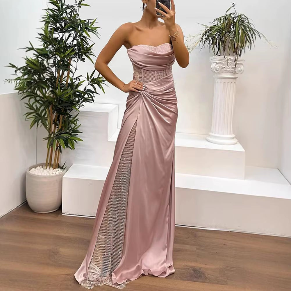 Lady Evening Dress Bandeau off Shoulder Sleeveless Pleated Knot Mesh Patchwork Shiny Sequin Ball Gown Satin Floor Length Banquet