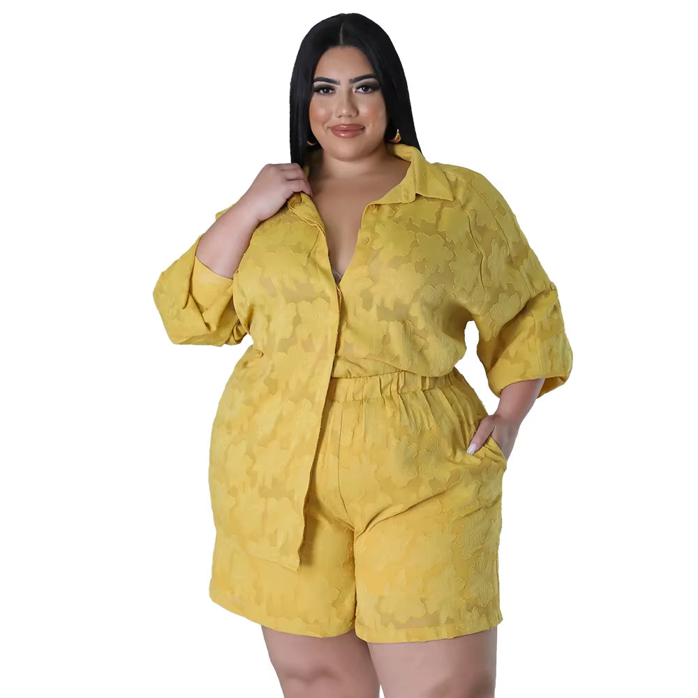 Plus Size Chiffon Matching Set Women Chubby Crop Top Female Short Pant Luxury Elegant Outfit 2024 Spring Two Piece Pant Set