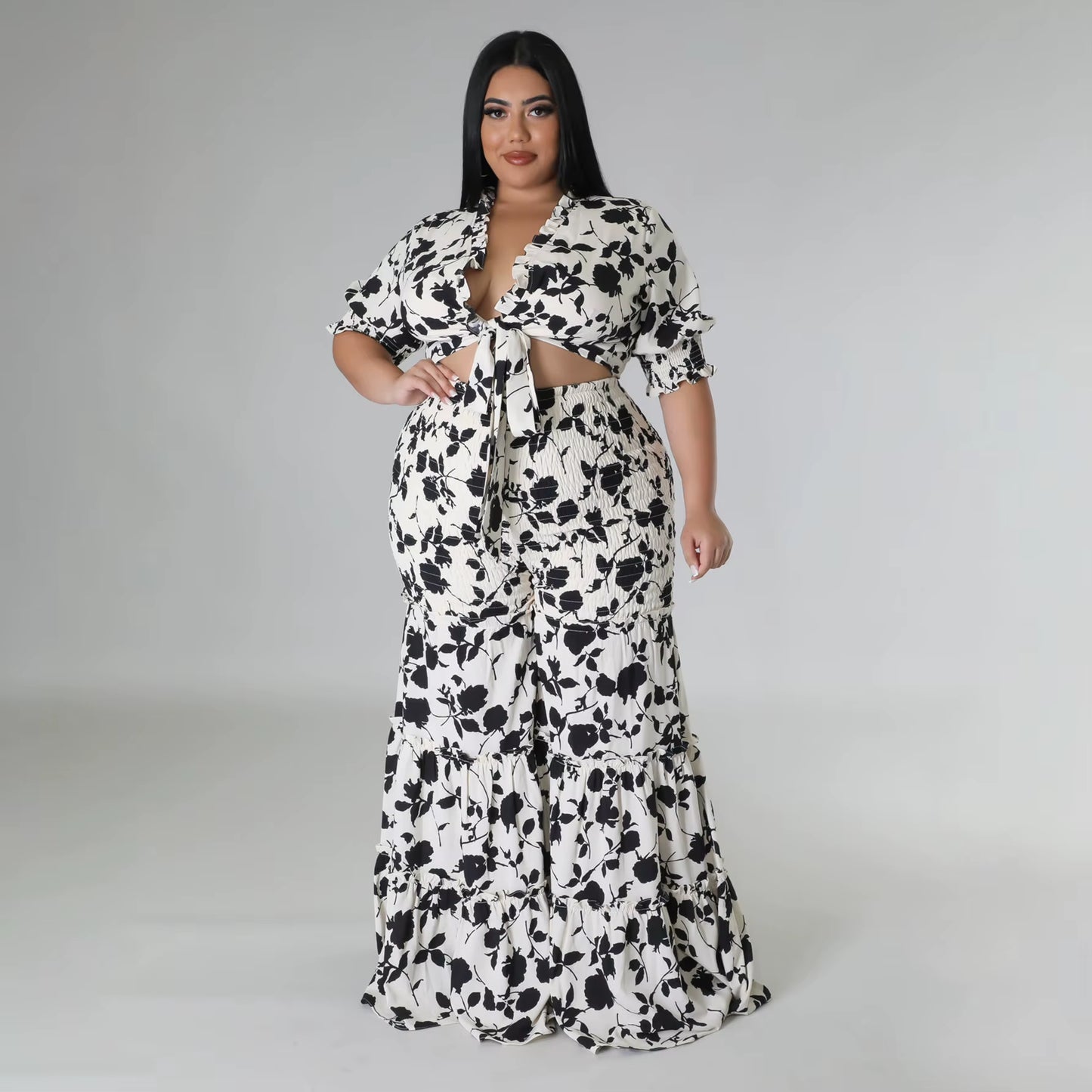 Perl plus Size Printed Two Piece Set Women Outfit Casual Bandage Top+Loose Wide Leg Pants Suit Matching Set 2023