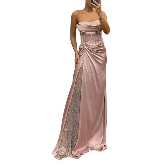 Lady Evening Dress Bandeau off Shoulder Sleeveless Pleated Knot Mesh Patchwork Shiny Sequin Ball Gown Satin Floor Length Banquet