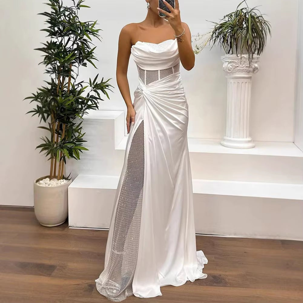 Lady Evening Dress Bandeau off Shoulder Sleeveless Pleated Knot Mesh Patchwork Shiny Sequin Ball Gown Satin Floor Length Banquet